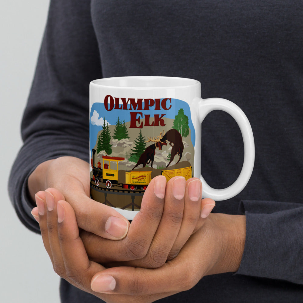 MINE TRAIN THROUGH NATURE'S WONDERLAND olympic elk Mugs (3 sizes)